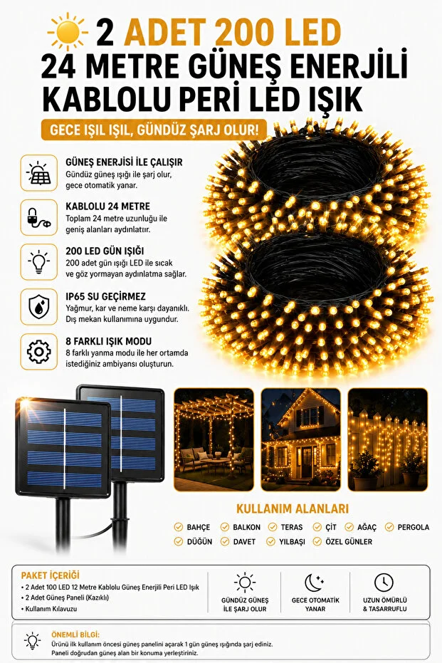 2 Adet 100 LED 12 Metre Kablolu Güneş Enerjili Peri LED Işık Seti | Toplam 200 LED 24 Metre | 8 Mod | IP65 Dış 2 Adet 100 LED 12 Metre Kablolu Güneş Enerjili Peri LED Işık Seti | Toplam 200 LED 24 Metre | 8 Mod | IP65 Dış